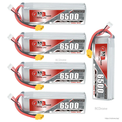 Set display: four horizontal GNB 6500mAh LiPo batteries plus one vertical unit, connectors and leads shown