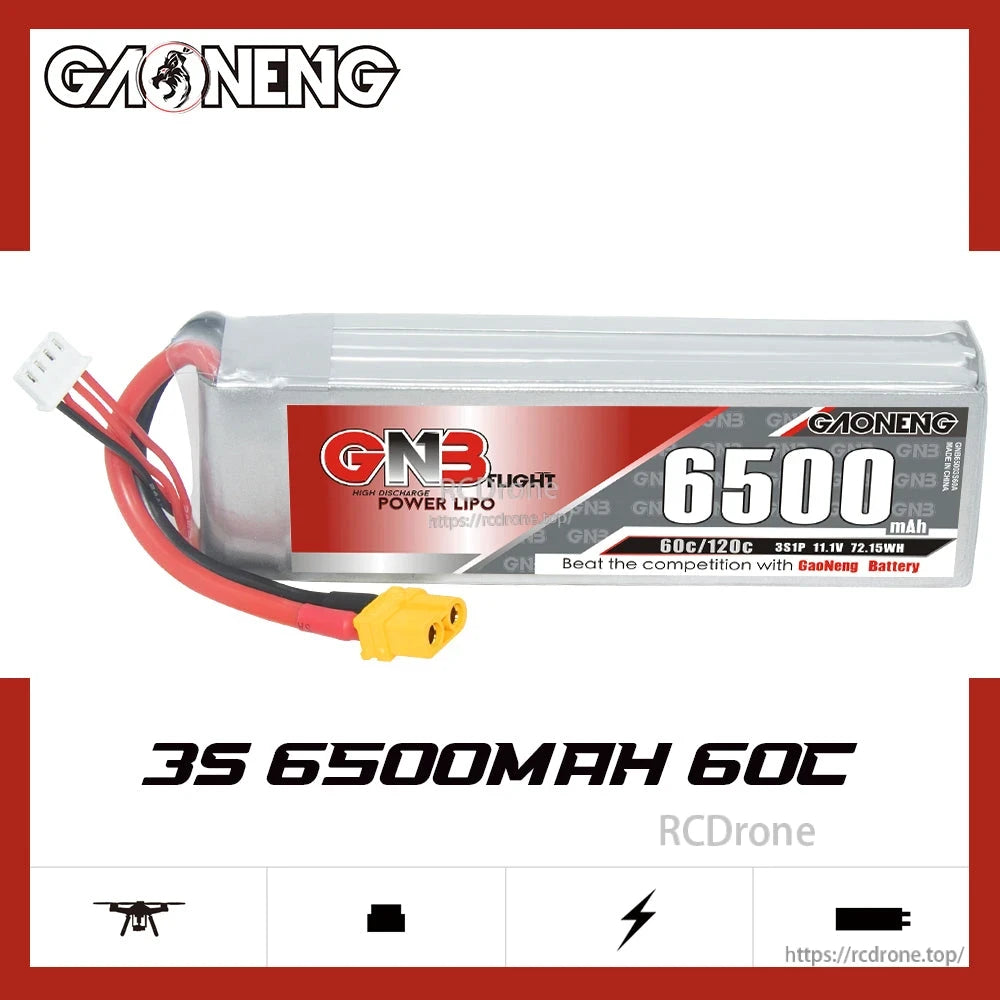 GAONENG GNB 3S 11.1V 6500mAh 60C LiPo Battery label side view highlighting 3S 6500mAh 60C specs