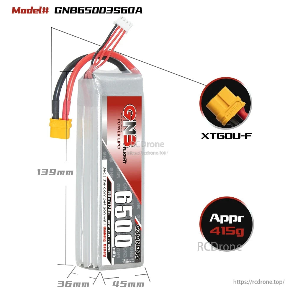 GNB65003S60A battery size diagram with XT60U-F connector close-up and approx 415g weight callout