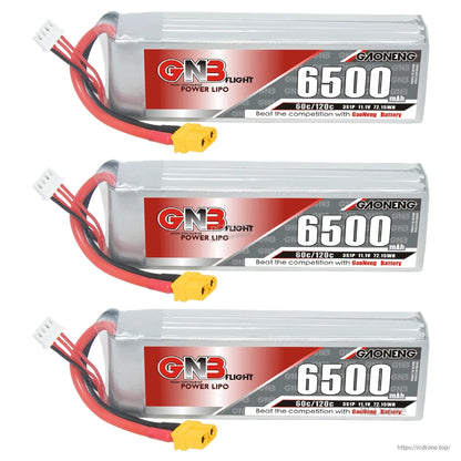 Three GNB 6500mAh 3S LiPo batteries shown horizontally with XT60 plugs and balance leads