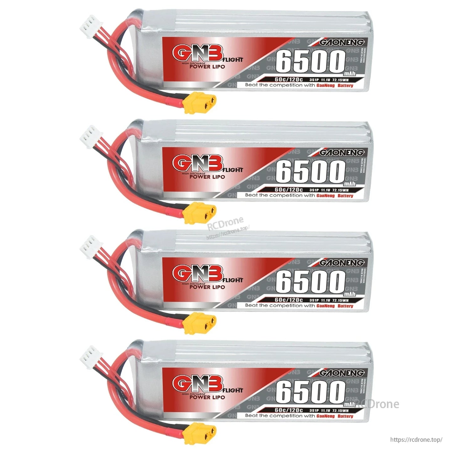 Four GNB 6500mAh 3S LiPo batteries shown in a row, horizontal orientation with connectors visible