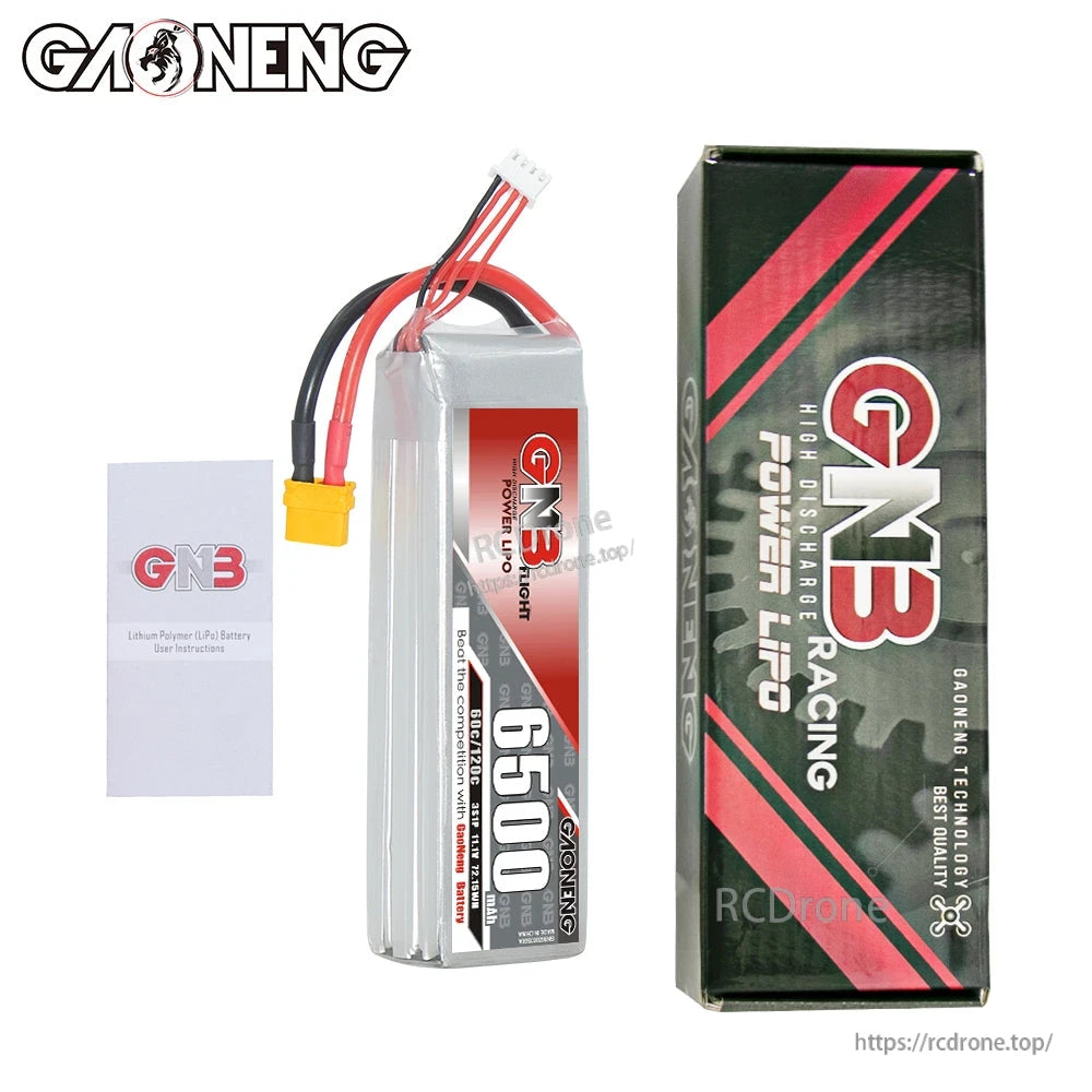 Package contents: GNB 6500mAh LiPo battery with retail box and user instruction leaflet