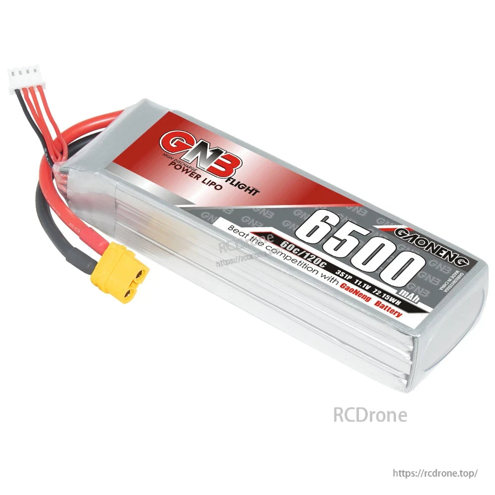Angled close-up of GNB 6500mAh LiPo label and XT60 connector on silver pack