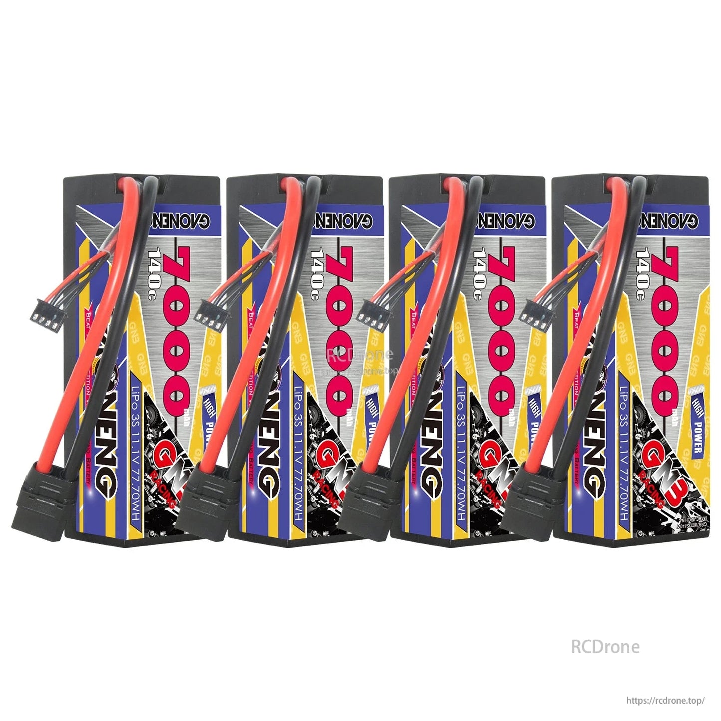 Four GAONENG GNB 3S hard case LiPo batteries displayed together with XT90 connectors