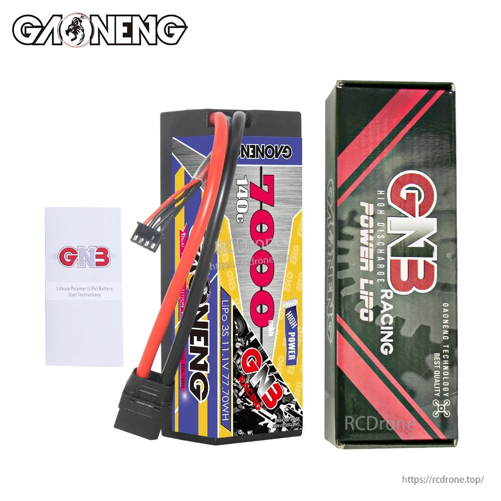 GAONENG GNB battery package contents with LiPo battery, retail box, and instruction sheet
