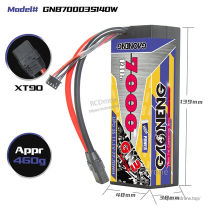 GAONENG GNB GNB70003S140W battery dimensions and XT90 connector close-up