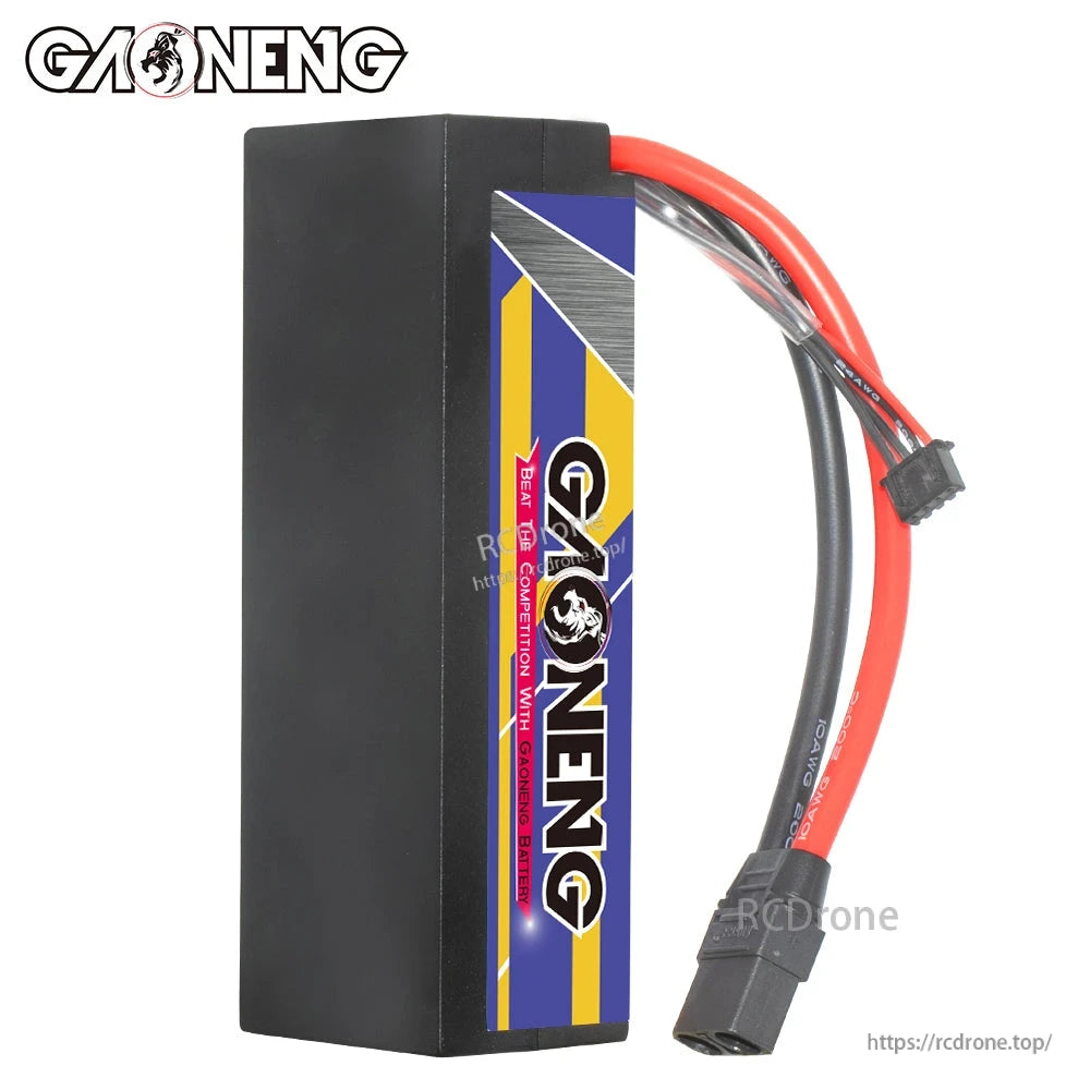 Side view of the hard case LiPo battery with attached XT90 connector and balance lead