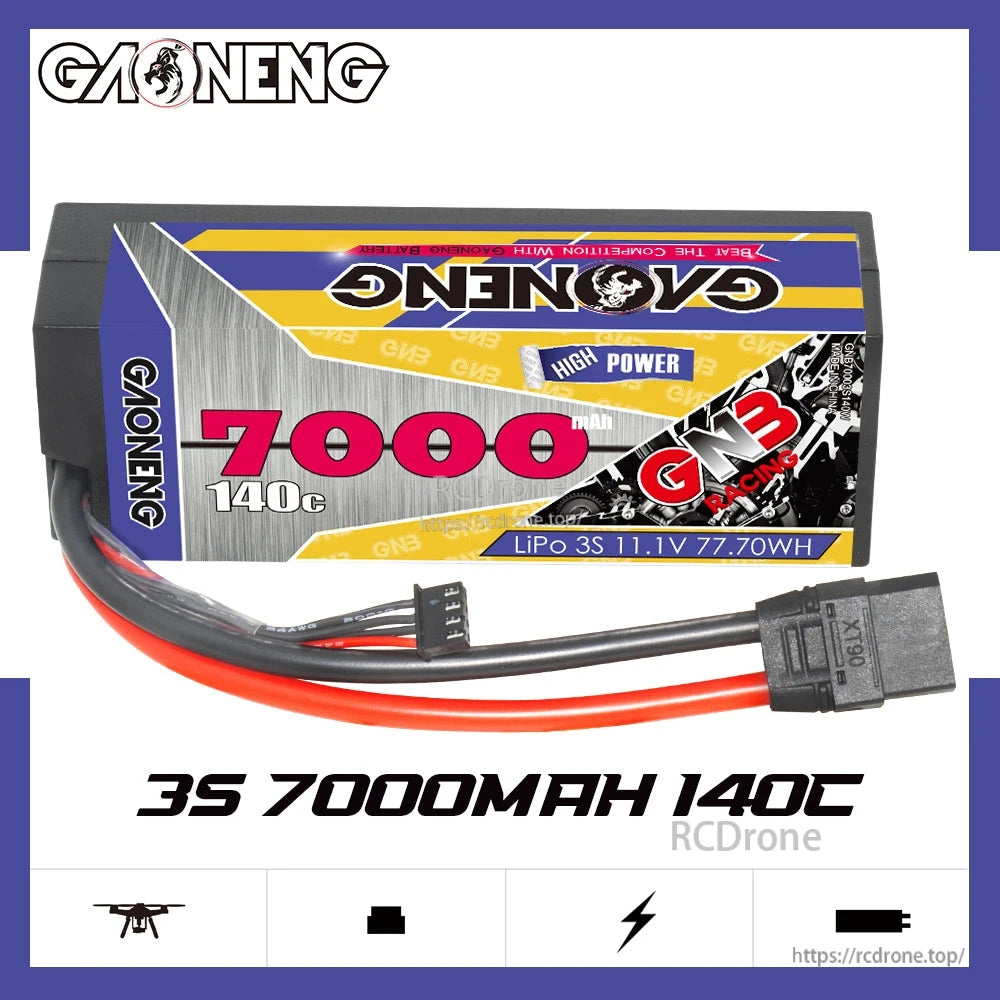 GAONENG GNB 3S 11.1V 7000mAh 140C battery with XT90 plug and balance lead displayed on packaging graphic