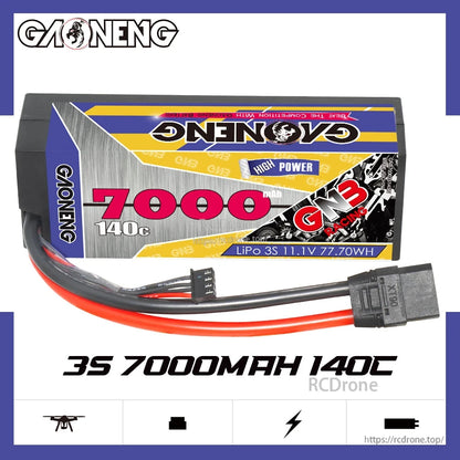 GAONENG GNB 3S 11.1V 7000mAh 140C battery with XT90 plug and balance lead displayed on packaging graphic