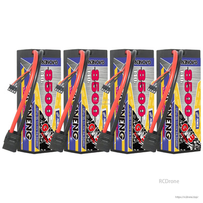 Four GAONENG GNB 8500 140C hard case LiPo batteries lined up, showing labels and wiring
