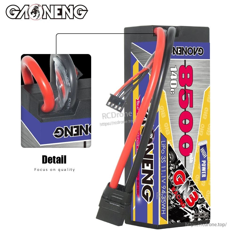Top wiring detail on GAONENG hard case battery, showing cable exit and balance plug close-up