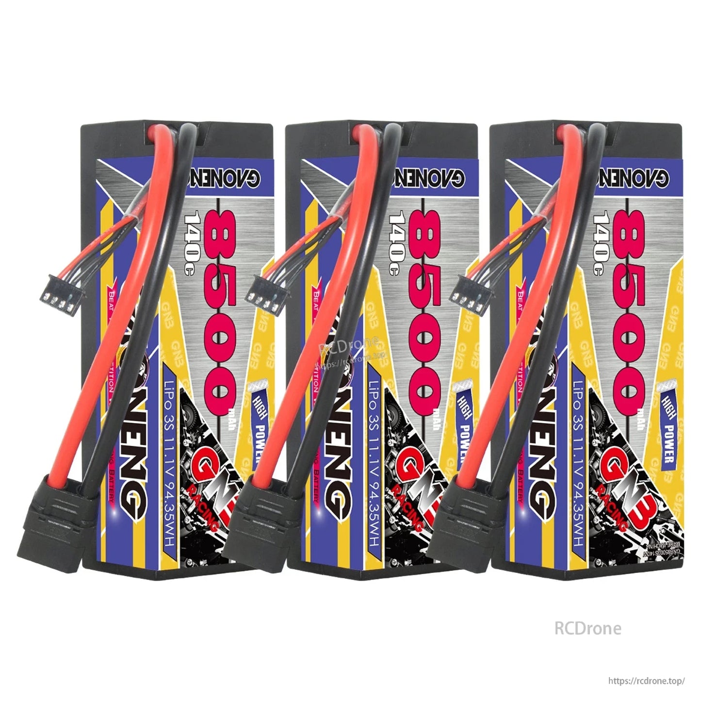 Three GAONENG GNB 8500 140C hard case batteries displayed with XT90 connectors and leads