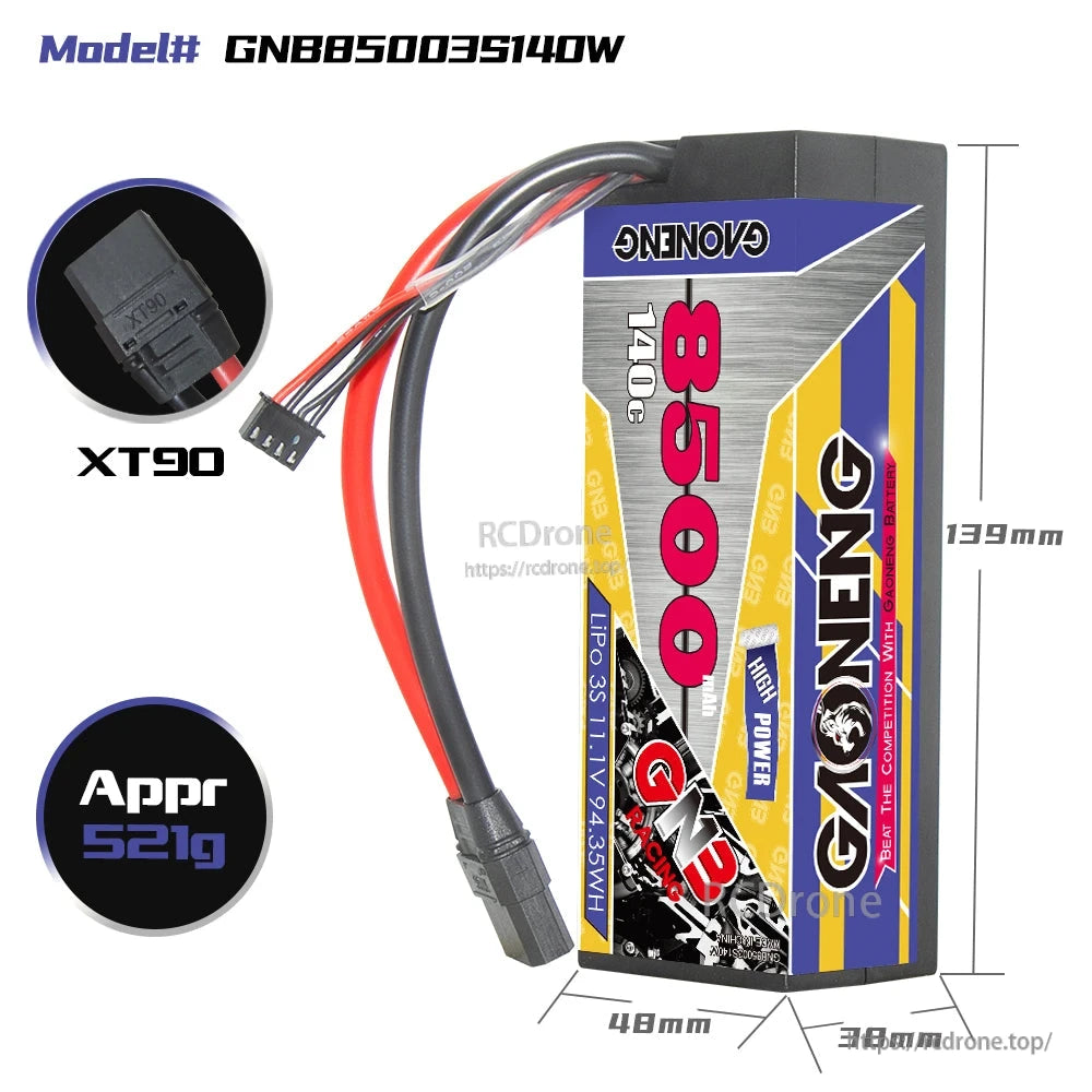 GNB85003S140W battery dimensions diagram with XT90 close-up, approx 521g, 139×48×39mm