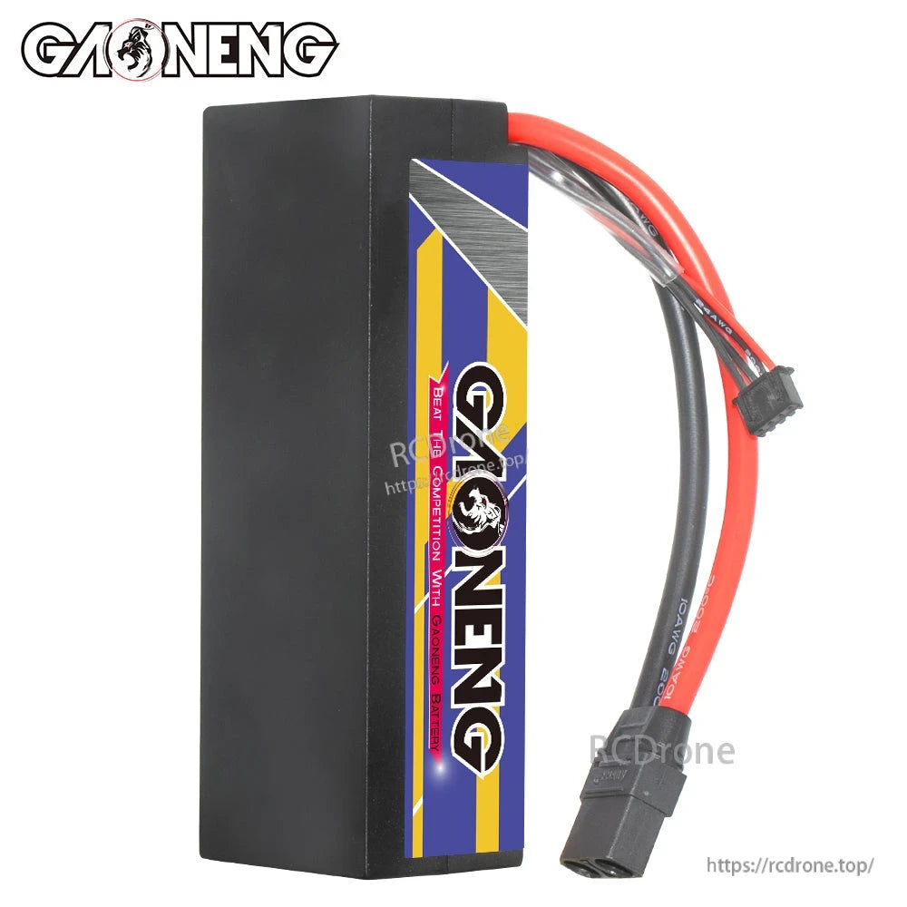 Side view of GAONENG hard case LiPo battery showing plain black case and side label, leads out