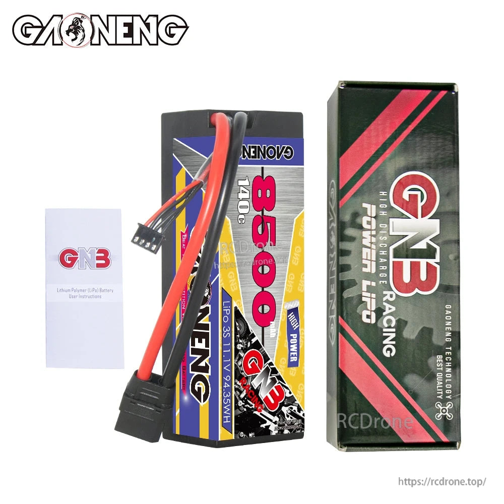 Package contents: GAONENG 8500mAh battery with GNB Racing box and user instructions leaflet
