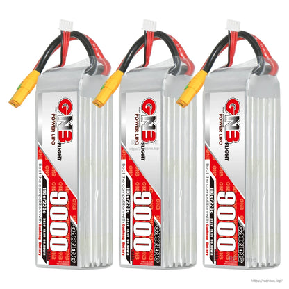 Three-pack set of GNB 9000mAh LiPo batteries upright with XT90S connectors