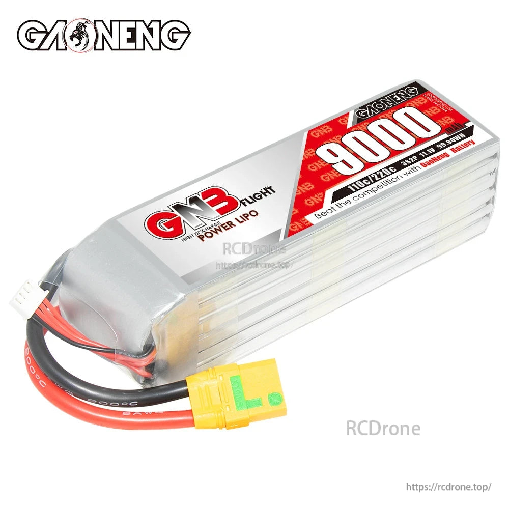 Angled top view of GNB 9000mAh LiPo battery highlighting the XT90S anti-spark plug and wiring