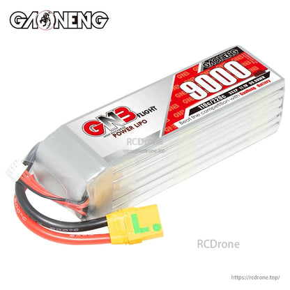 Angled top view of GNB 9000mAh LiPo battery highlighting the XT90S anti-spark plug and wiring