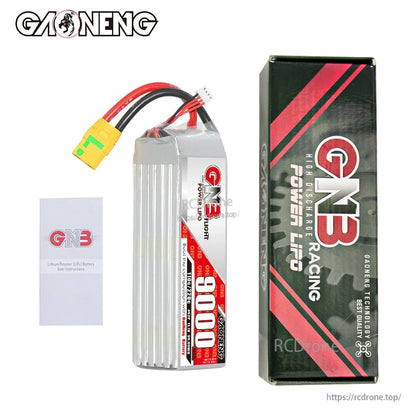 GNB 9000mAh battery with retail box and instruction card shown as package contents
