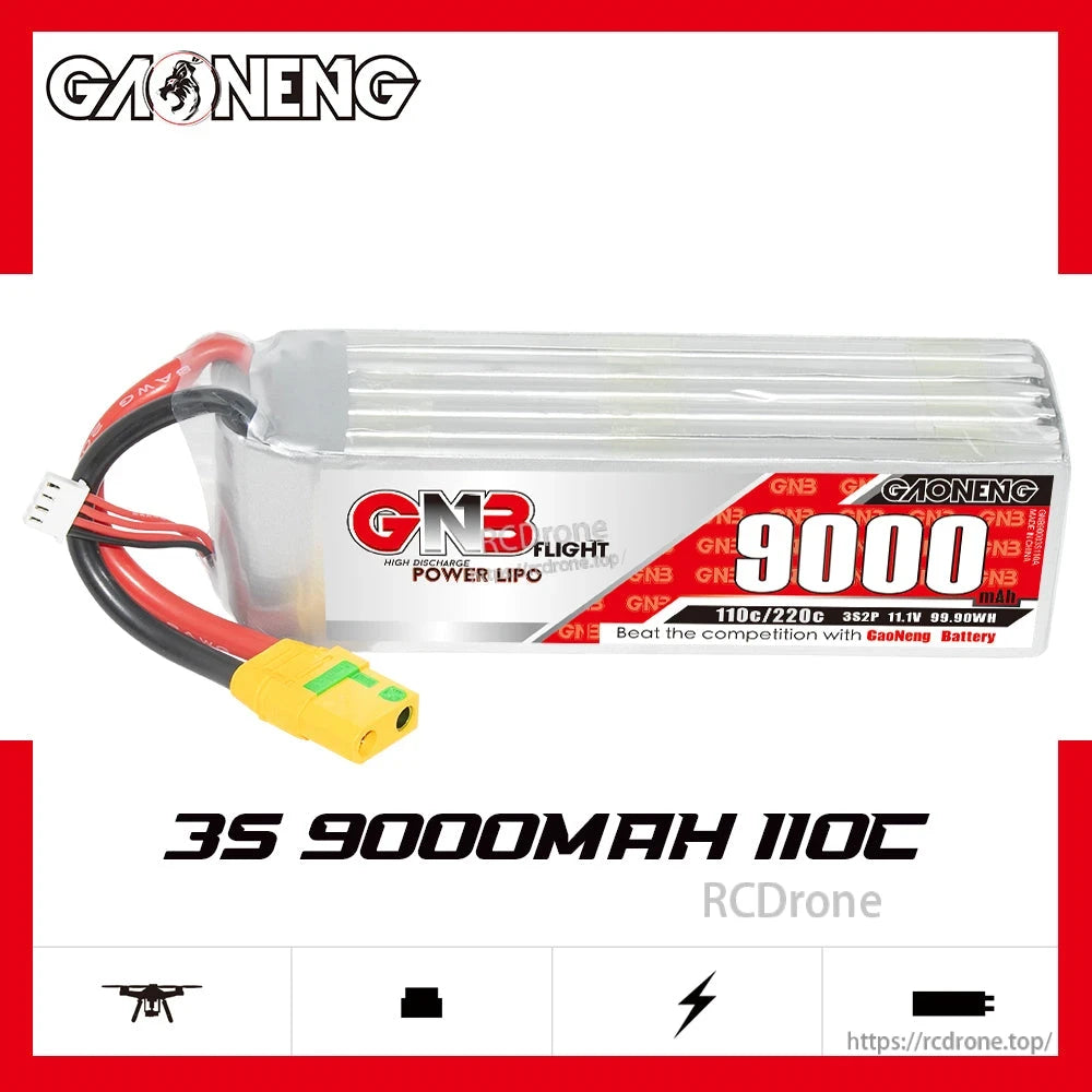 GAONENG GNB 3S 11.1V 9000mAh 110C RC LiPo battery pack product graphic with 3S 9000mAh 110C text
