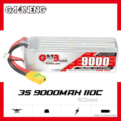 GAONENG GNB 3S 11.1V 9000mAh 110C RC LiPo battery pack product graphic with 3S 9000mAh 110C text