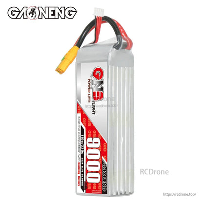 Upright side view of GNB 9000mAh LiPo battery showing ribbed hardcase and top wires