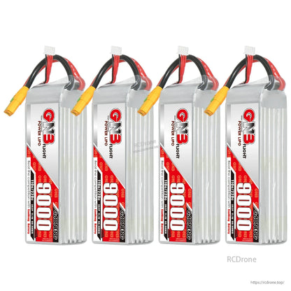 Four-pack set of GNB 9000mAh LiPo batteries upright with balance leads and XT90S plugs