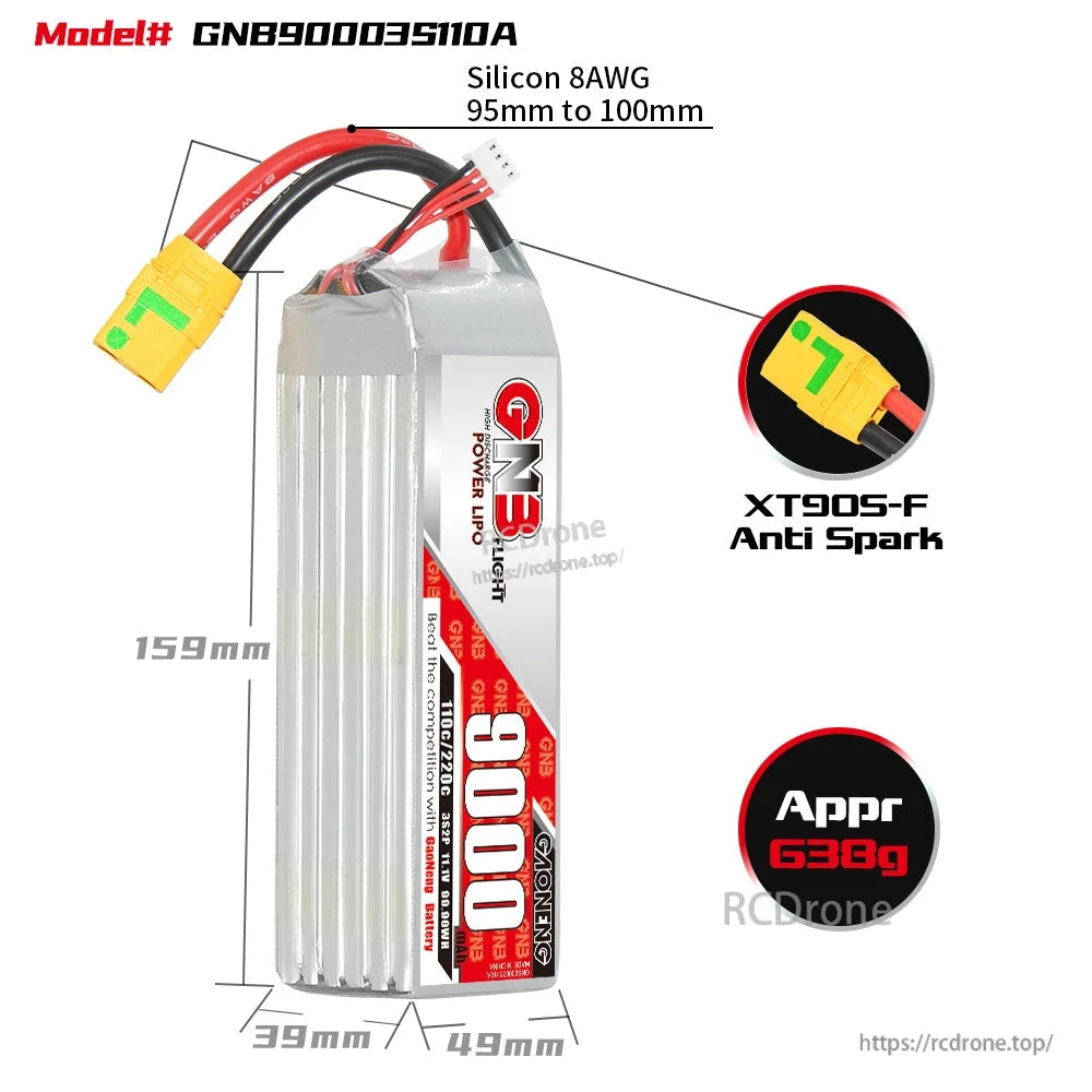 GNB9000 3S LiPo battery dimensions diagram with XT90S-F anti-spark connector and approx 638g weight