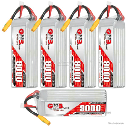 Five GNB 9000mAh LiPo batteries shown as bundle, four upright and one horizontal