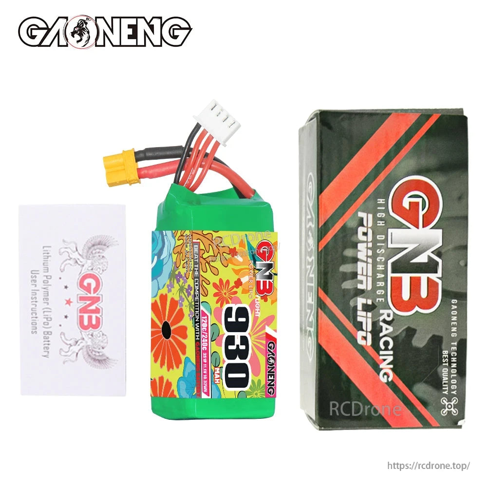 Package contents: GNB 930 battery, GNB Racing battery box, and instruction card