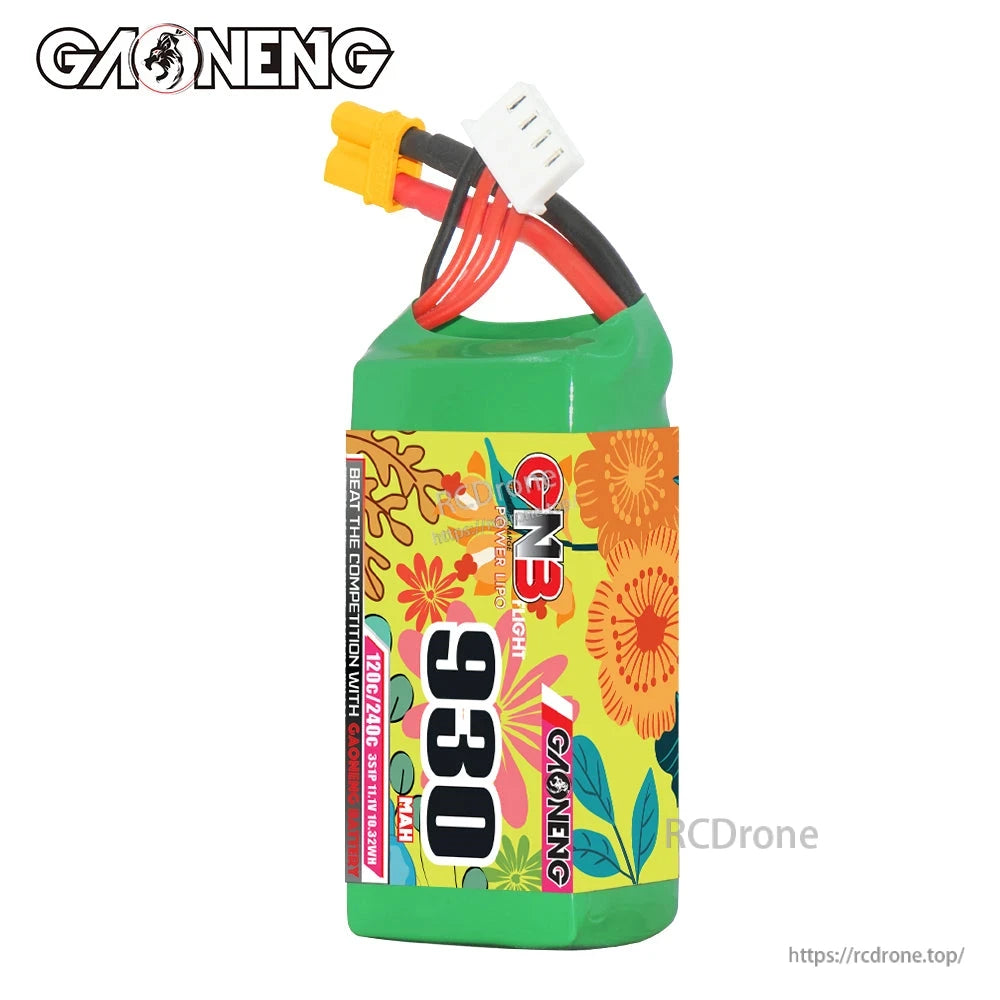 Front label view of GNB 930 battery with wires, XT30 plug and balance connector at top