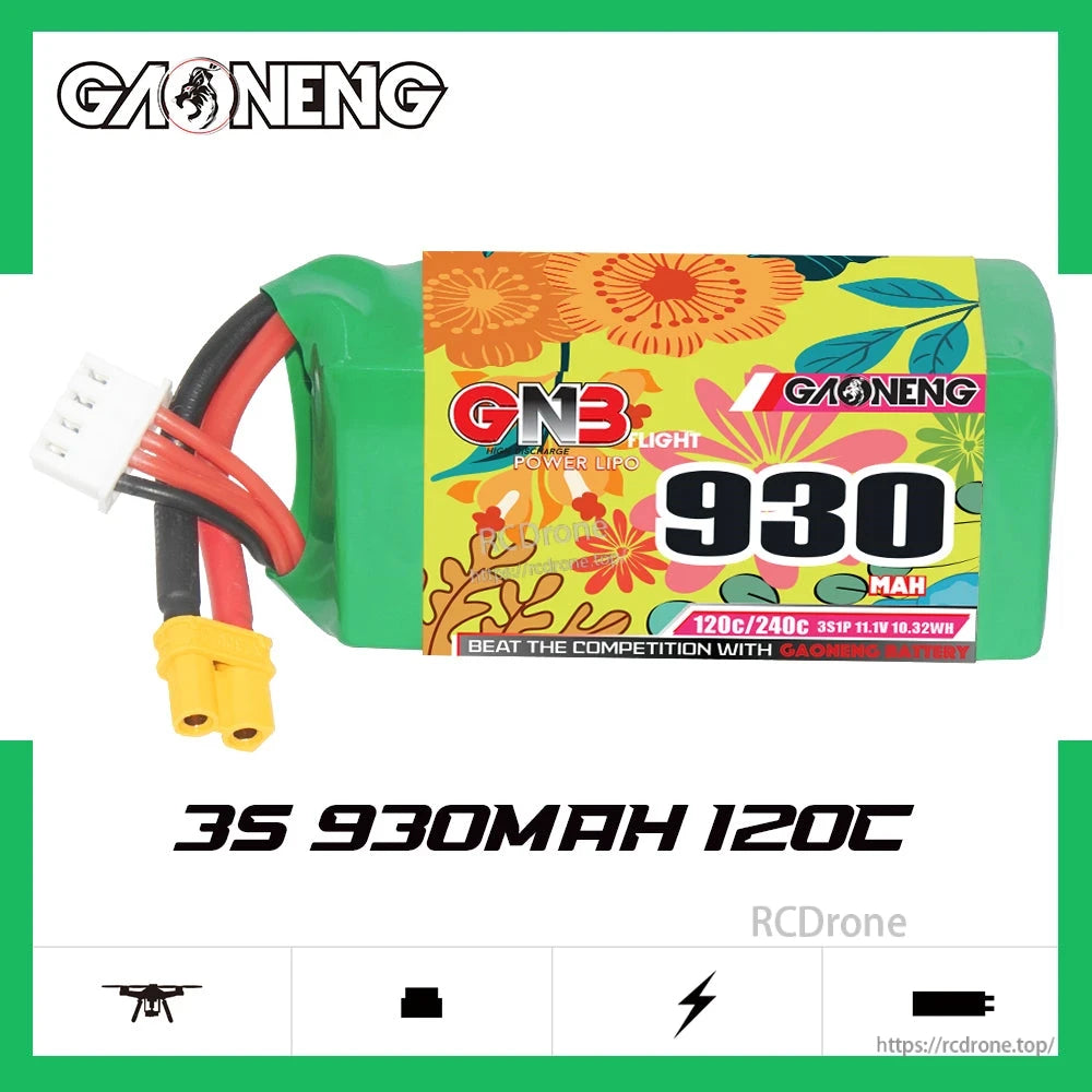 GAONENG GNB 3S 930mAh 120C XT30 LiPo battery graphic showing 3S 930mAh 120C text