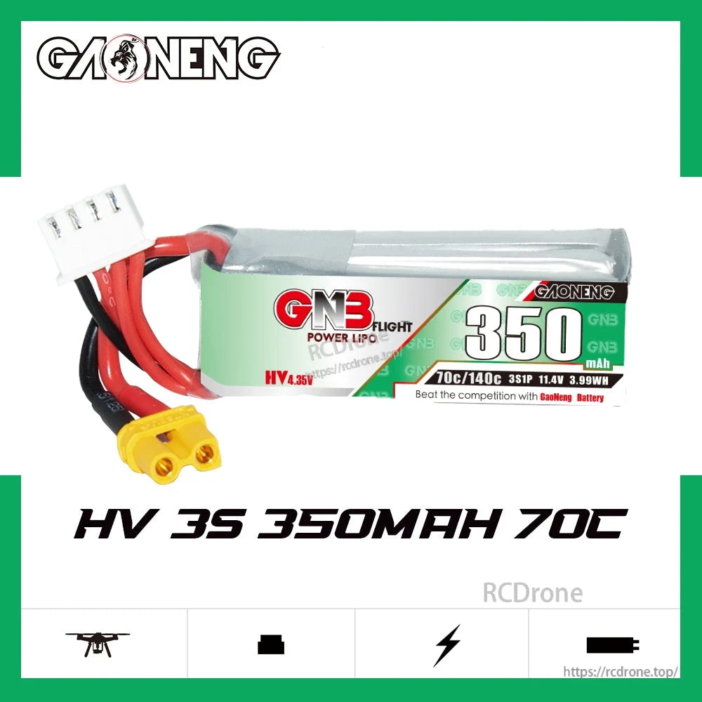 GAONENG GNB 3S 11.4V 350mAh 70C LiHV LiPo Battery graphic with 'HV 3S 350mAh 70C' text