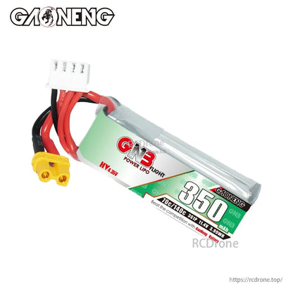 GNB 350mAh 3S LiHV LiPo battery side label view with XT30 lead on white background