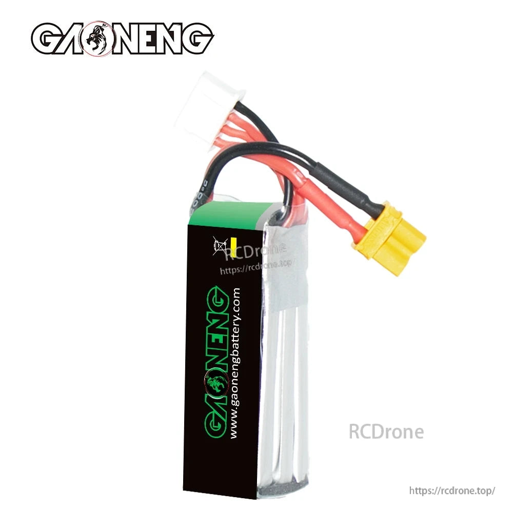 Rear side of GAONENG LiPo pack showing black label and wiring with XT30 connector