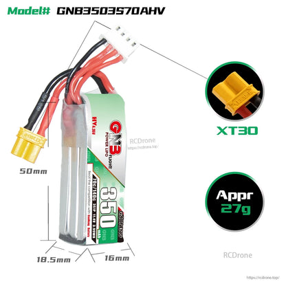 Battery dimensions and connector diagram for GNB3503S70AHV, XT30 plug close-up and approx 27g weight
