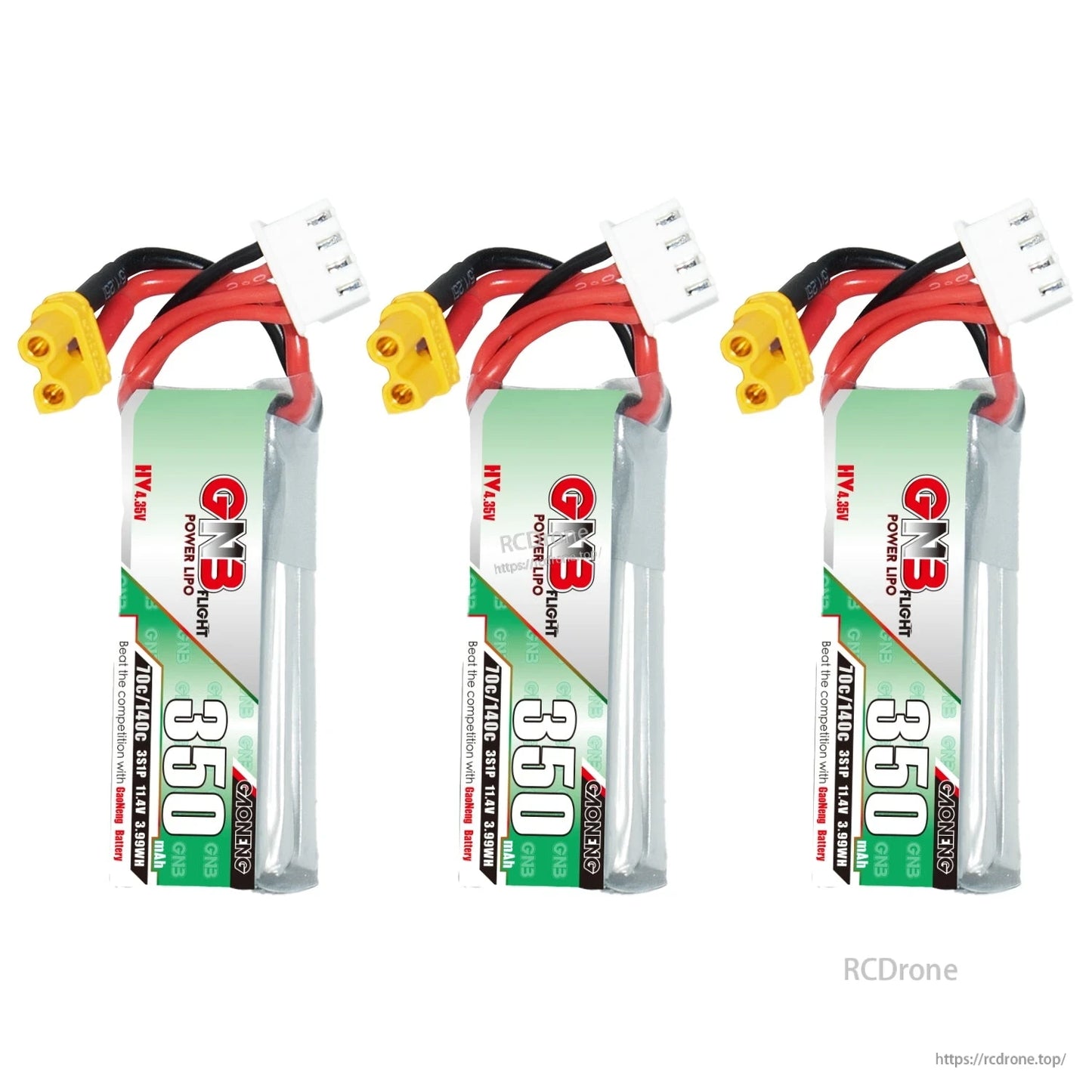 Three-pack display of GNB 350mAh 3S LiHV batteries with XT30 connectors