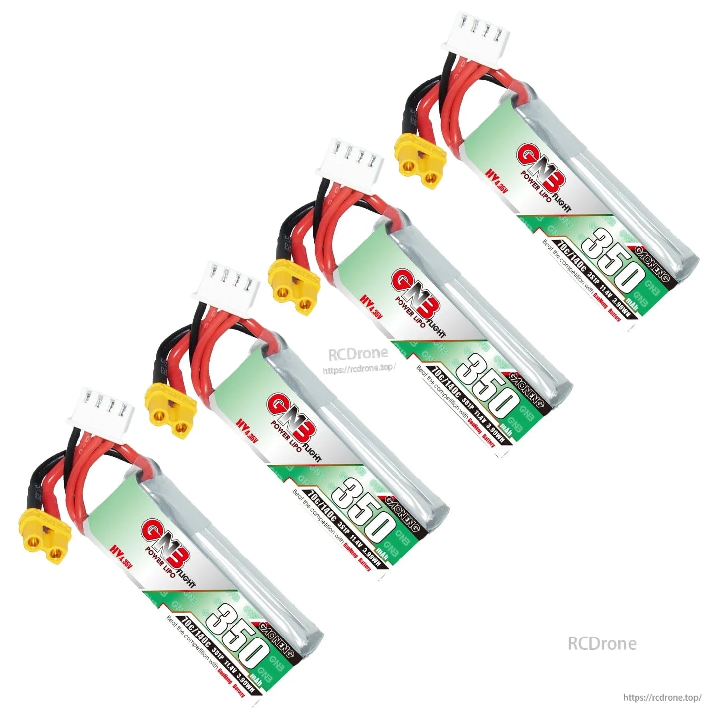 Four GNB 350mAh 3S LiHV batteries shown in diagonal arrangement with XT30 plugs