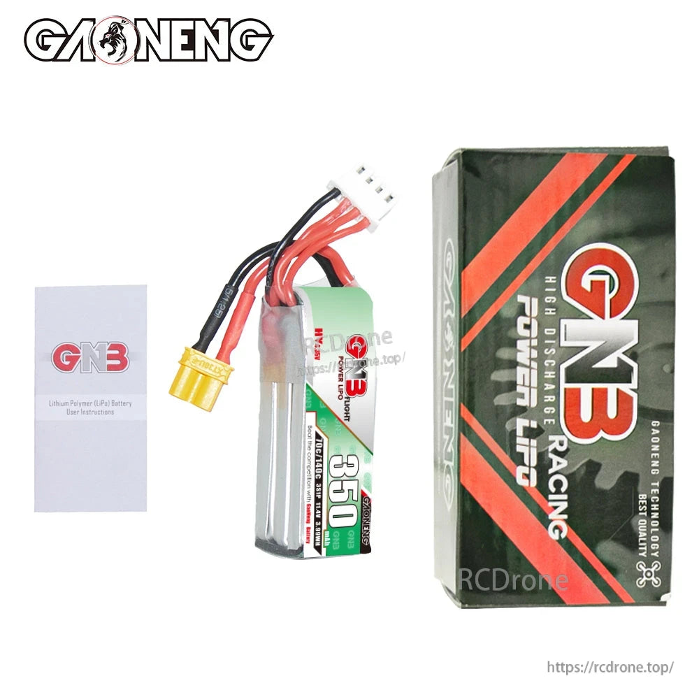 Package contents: GNB 350mAh 3S LiHV battery, retail box, and instruction leaflet