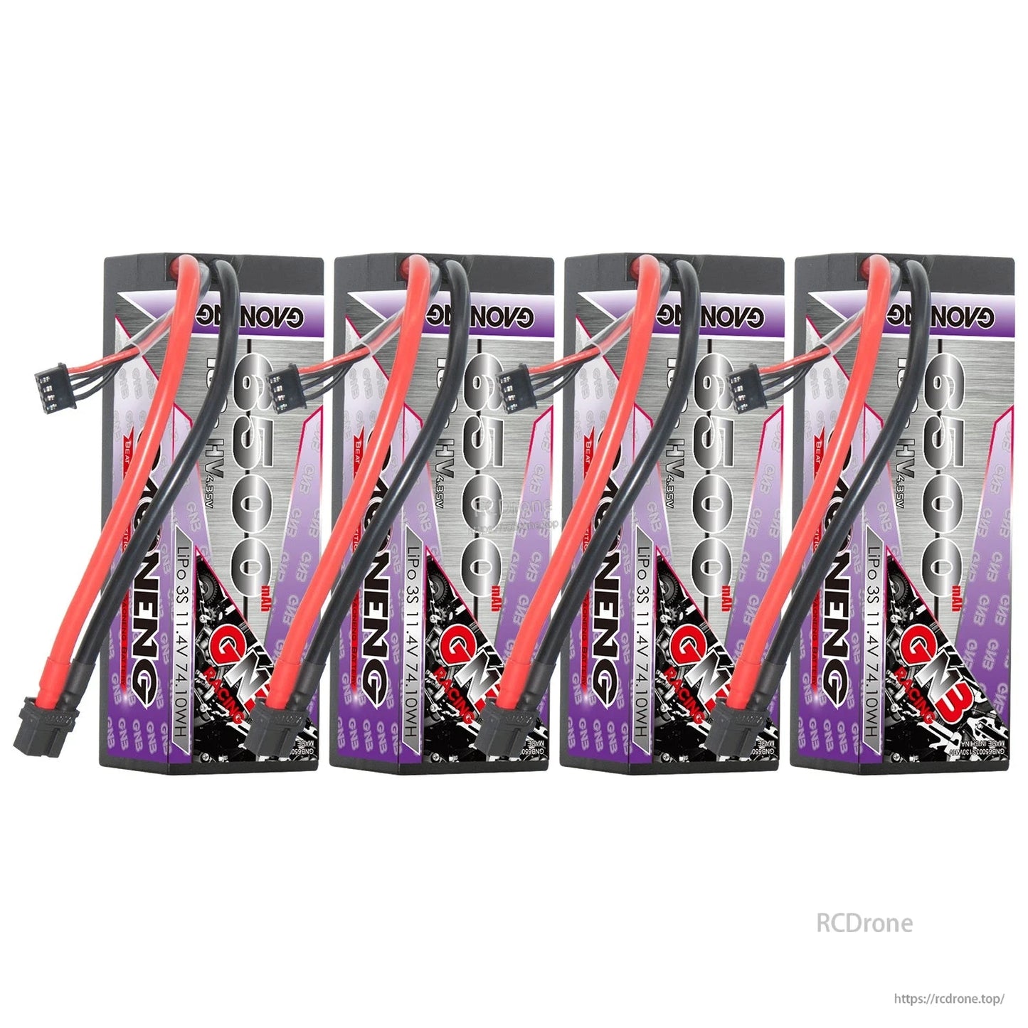 Four GNB 3S 6500mAh hard case LiPo batteries arranged side by side