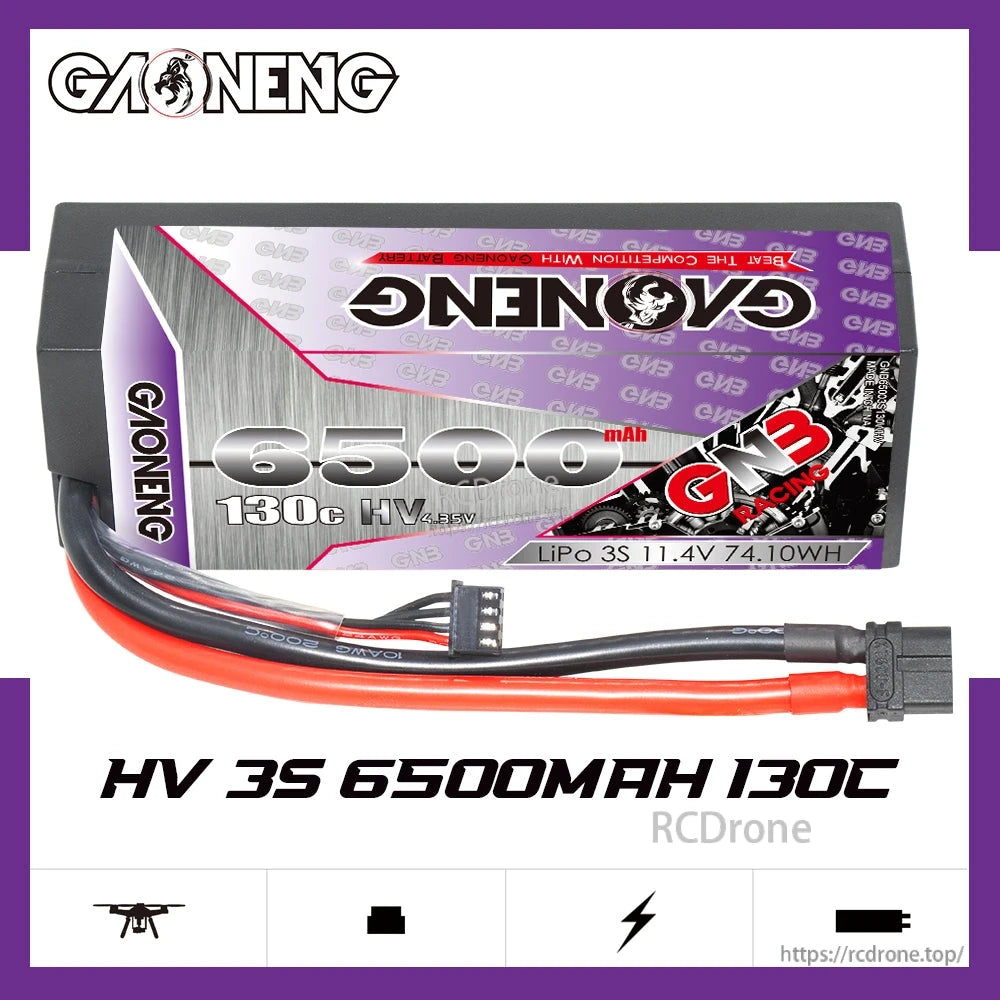 GAONENG GNB 3S 11.4V 6500mAh 130C battery front view with connector and label visible