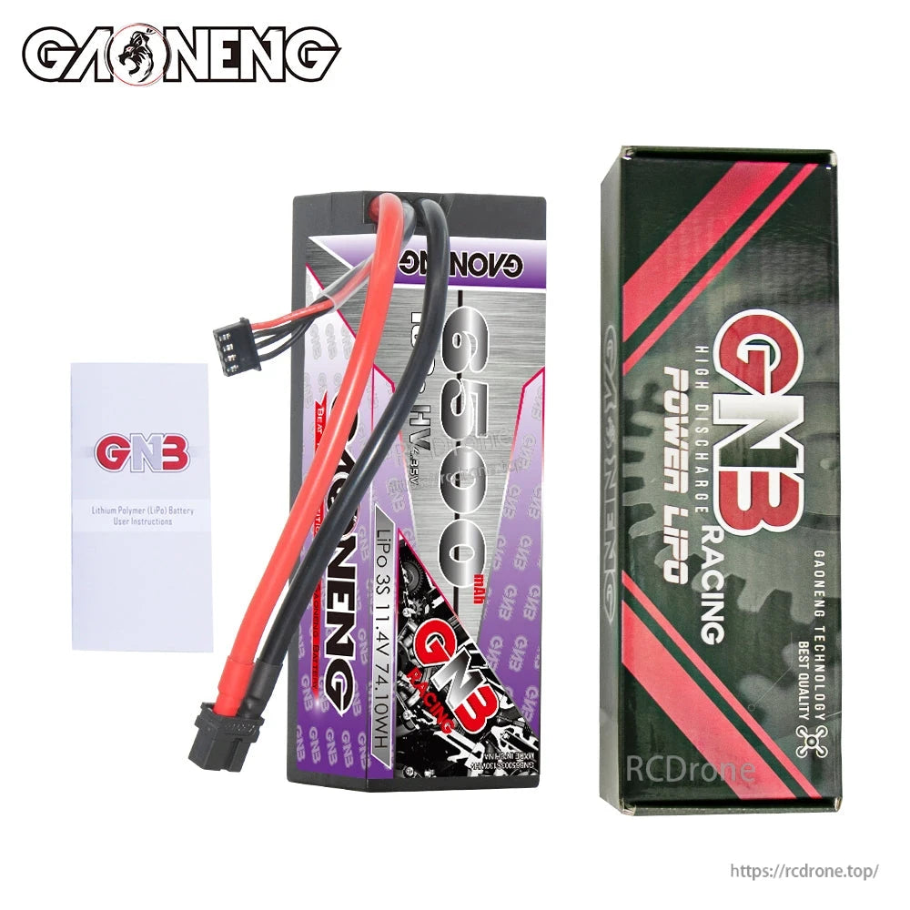 GNB battery package contents with LiPo battery, instruction sheet, and retail box