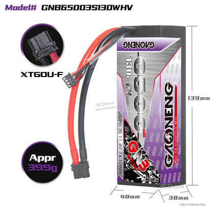 Side view of the GNB 6500mAh 3S hard case battery showing XT60 plug and wire length