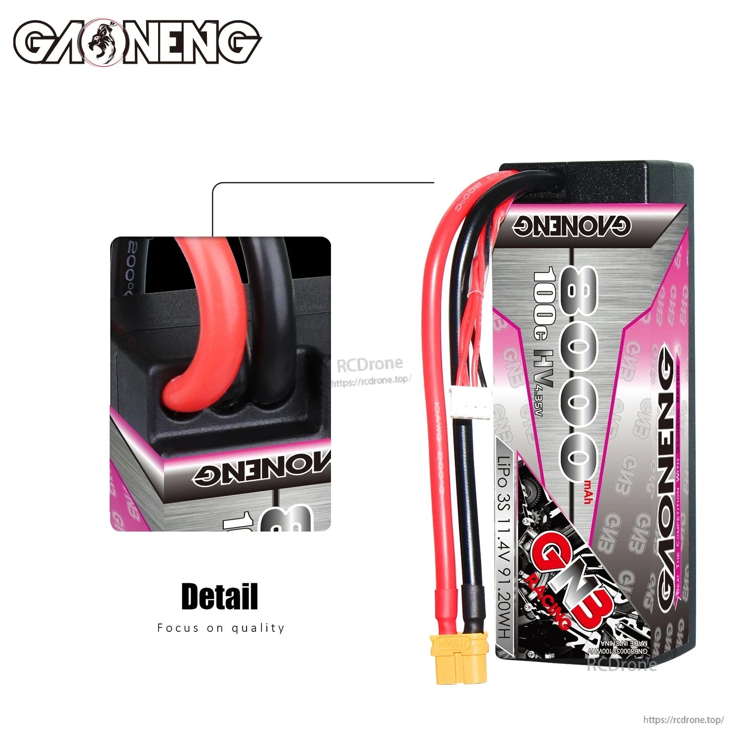 Close-up detail of hard case wire exit and strain relief on GAONENG GNB 8000mAh 3S LiHV battery