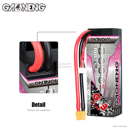 Close-up detail of hard case wire exit and strain relief on GAONENG GNB 8000mAh 3S LiHV battery
