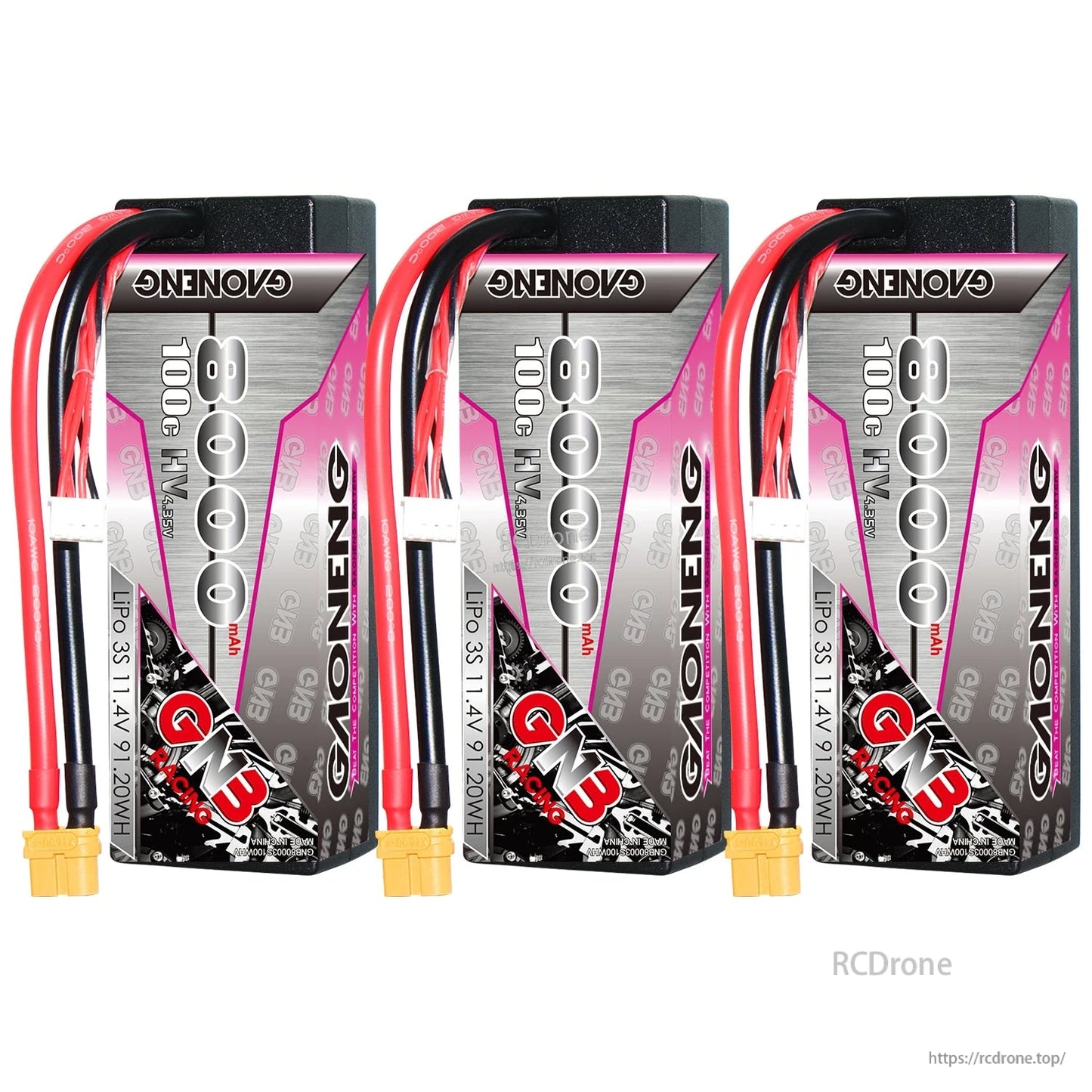 Three-pack display of GAONENG GNB 8000mAh 3S LiHV hard case batteries with XT60 connectors