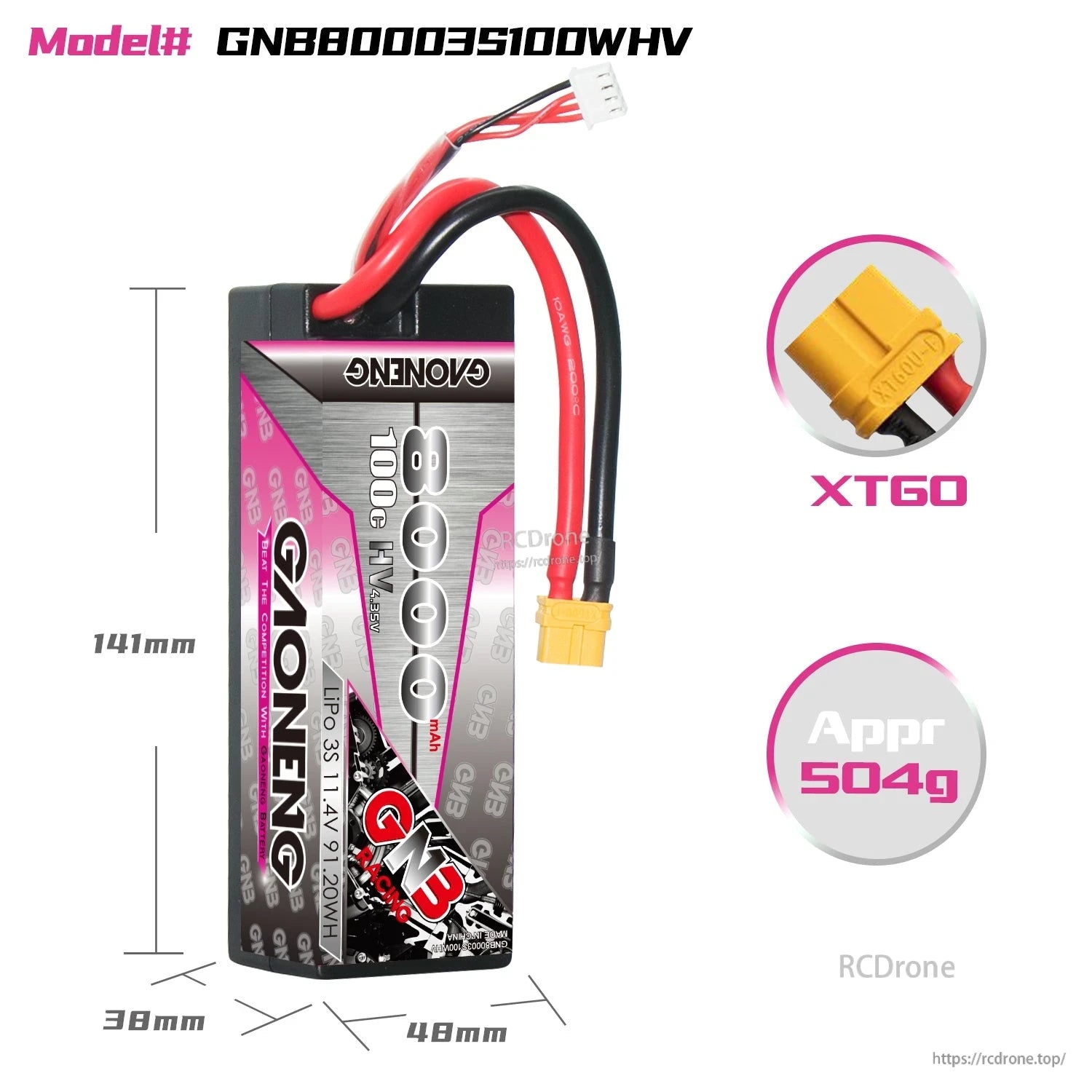 GNB80003S100WHV battery size chart showing 141mm length, 48mm width, 38mm thickness, XT60 plug