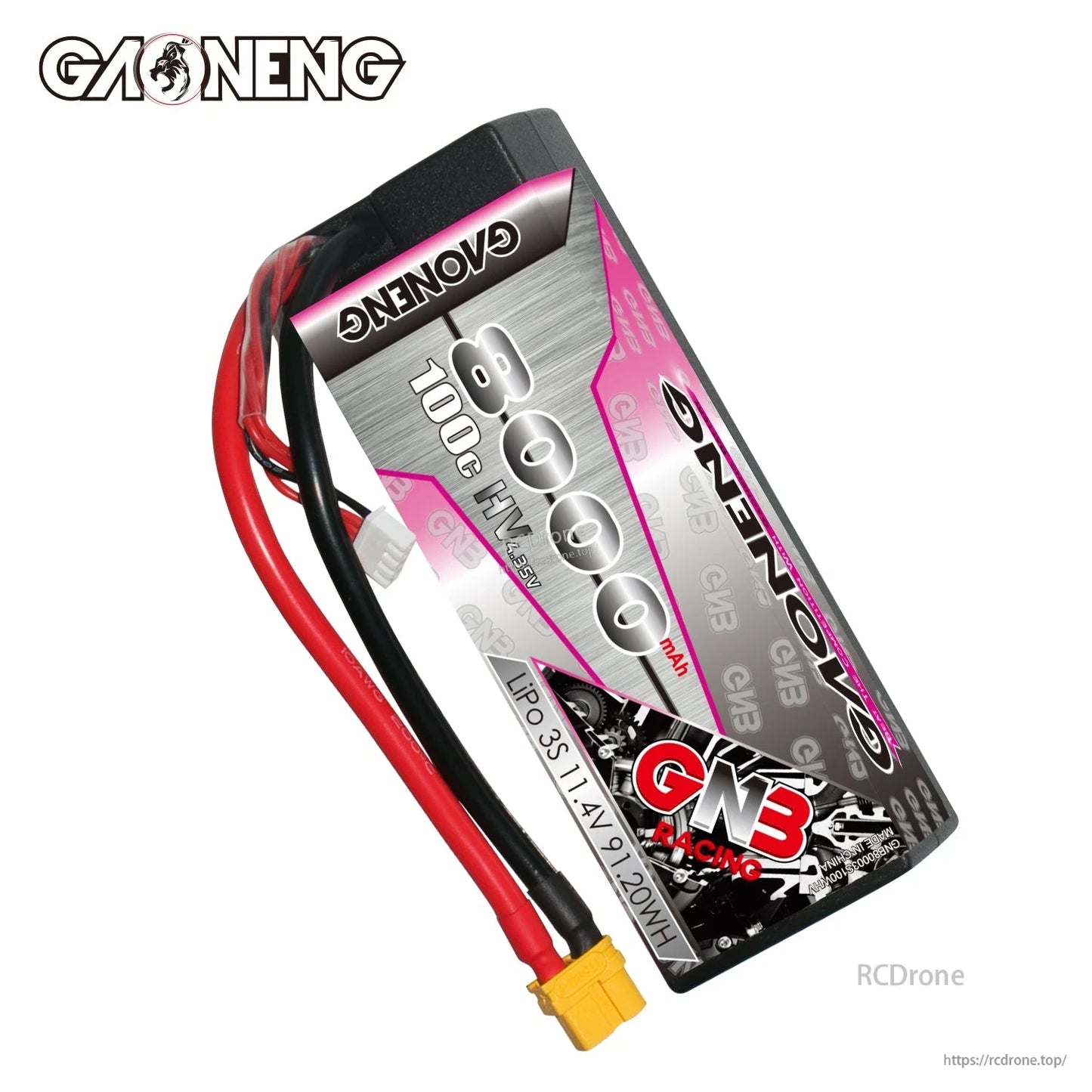Angled view of GNB Racing 8000mAh 100C LiHV hard case battery with XT60 connector and balance plug