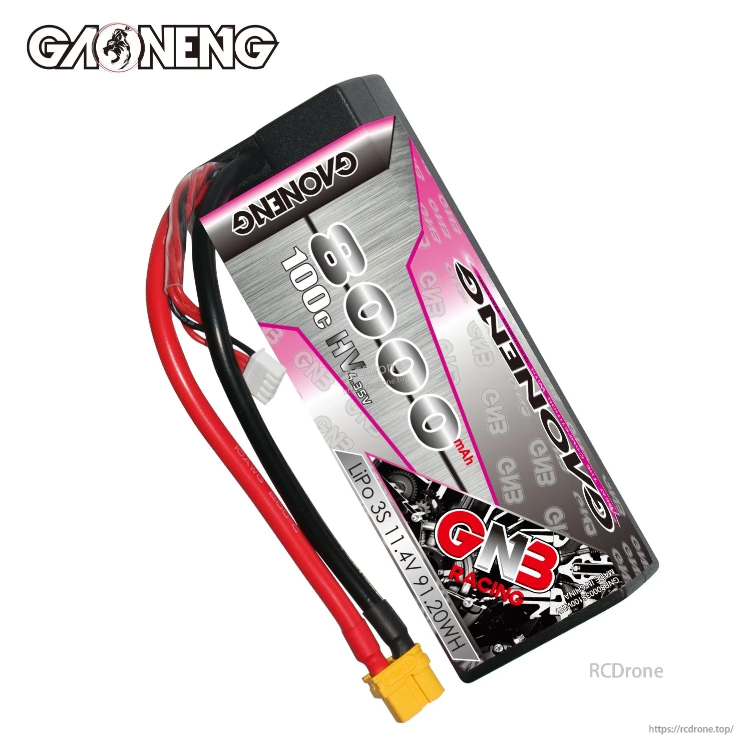Angled view of GNB Racing 8000mAh 100C LiHV hard case battery with XT60 connector and balance plug