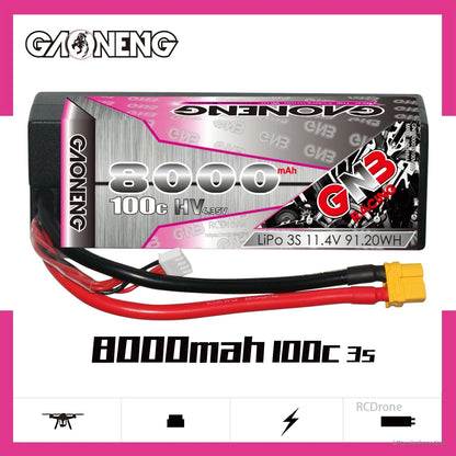 Side profile of GAONENG GNB 3S 11.4V 8000mAh 100C LiHV hard case LiPo with lead length shown